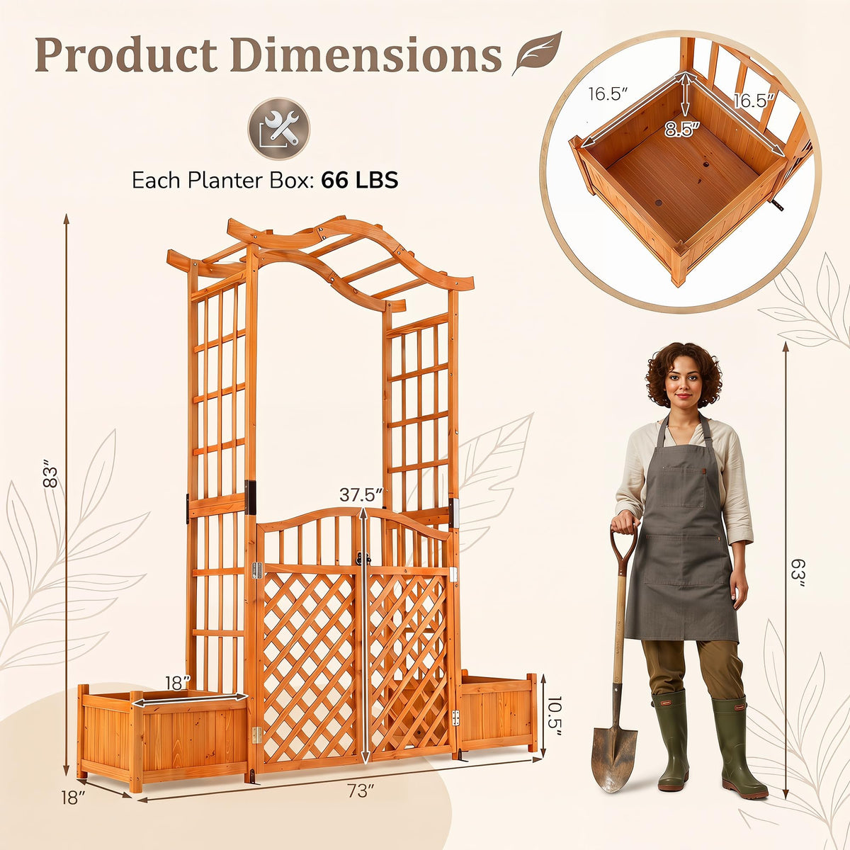 Lucktree 83" Wooden Garden Arbor with Gate and 2 Planter Boxes