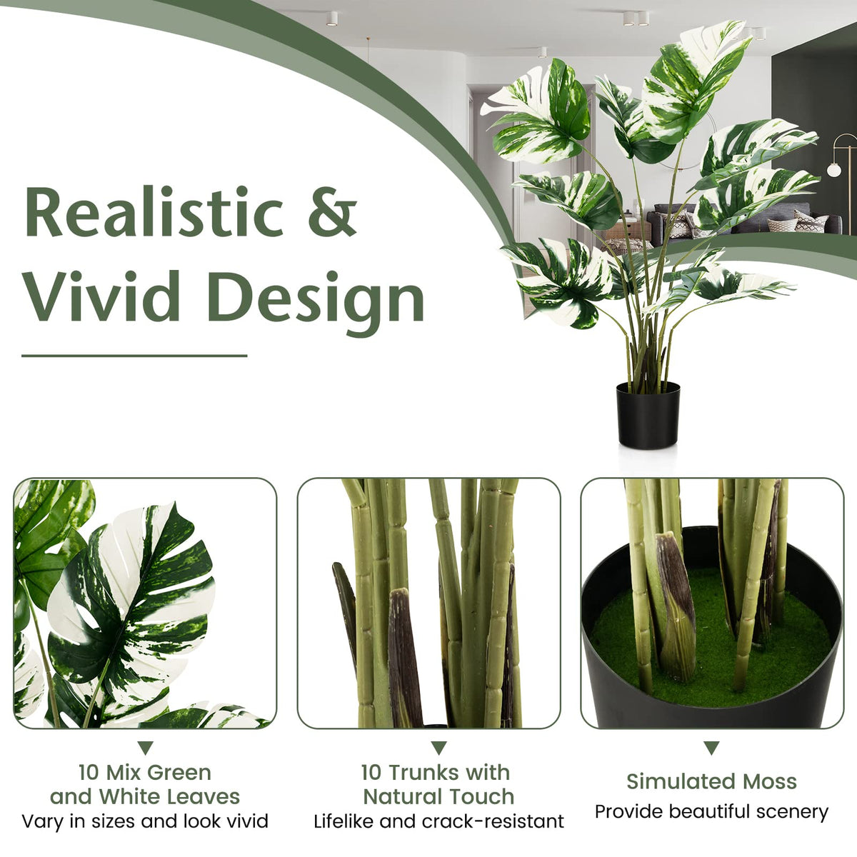 Lucktree 4ft Artificial Monstera Deliciosa Plant, 2 Pack Tall Fake Tropical Palm Tree in Pot with 10 Decorative Split Leaves