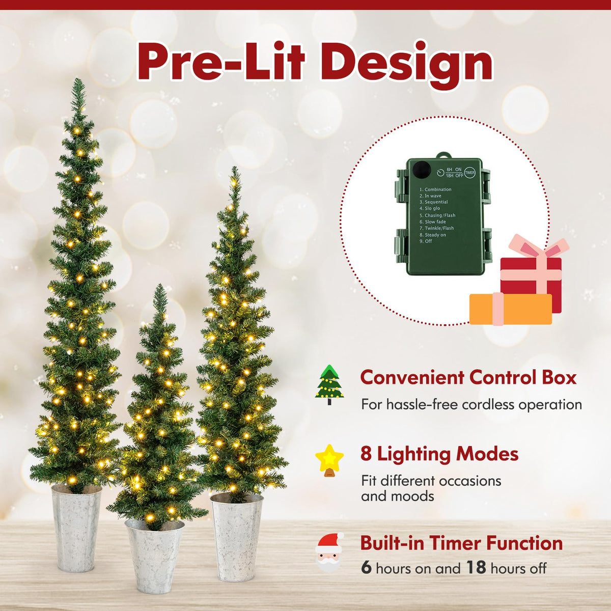 Lucktree 3' 4' 5' Pre-Lit Artificial Christmas Tree Set of 3, Slim Pencil Potted Xmas Tree with 423 Branch Tips, 230 Warm White LED Lights