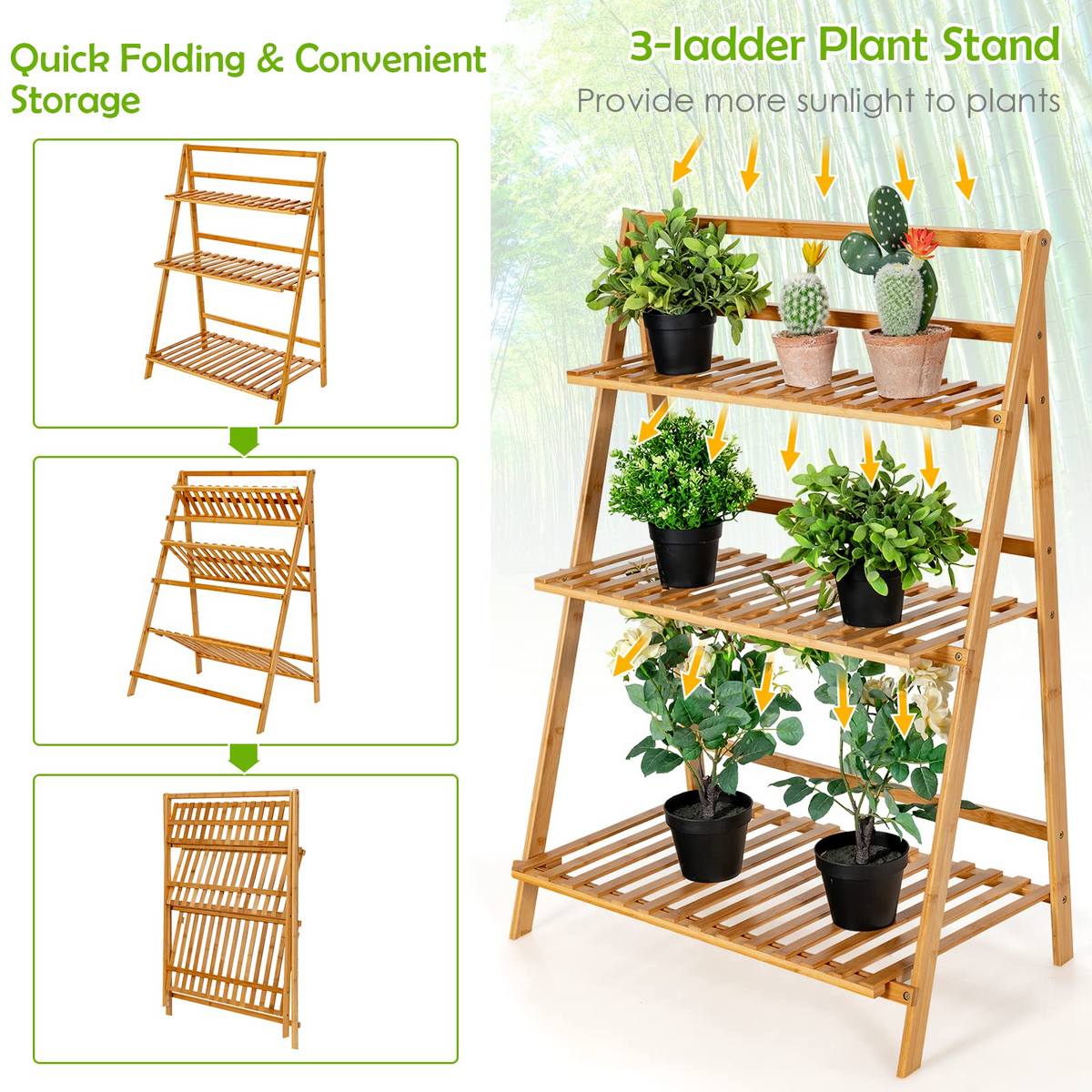 Lucktree 3 Tier Folding Storage Shelf, Bamboo Ladder Plant Stand