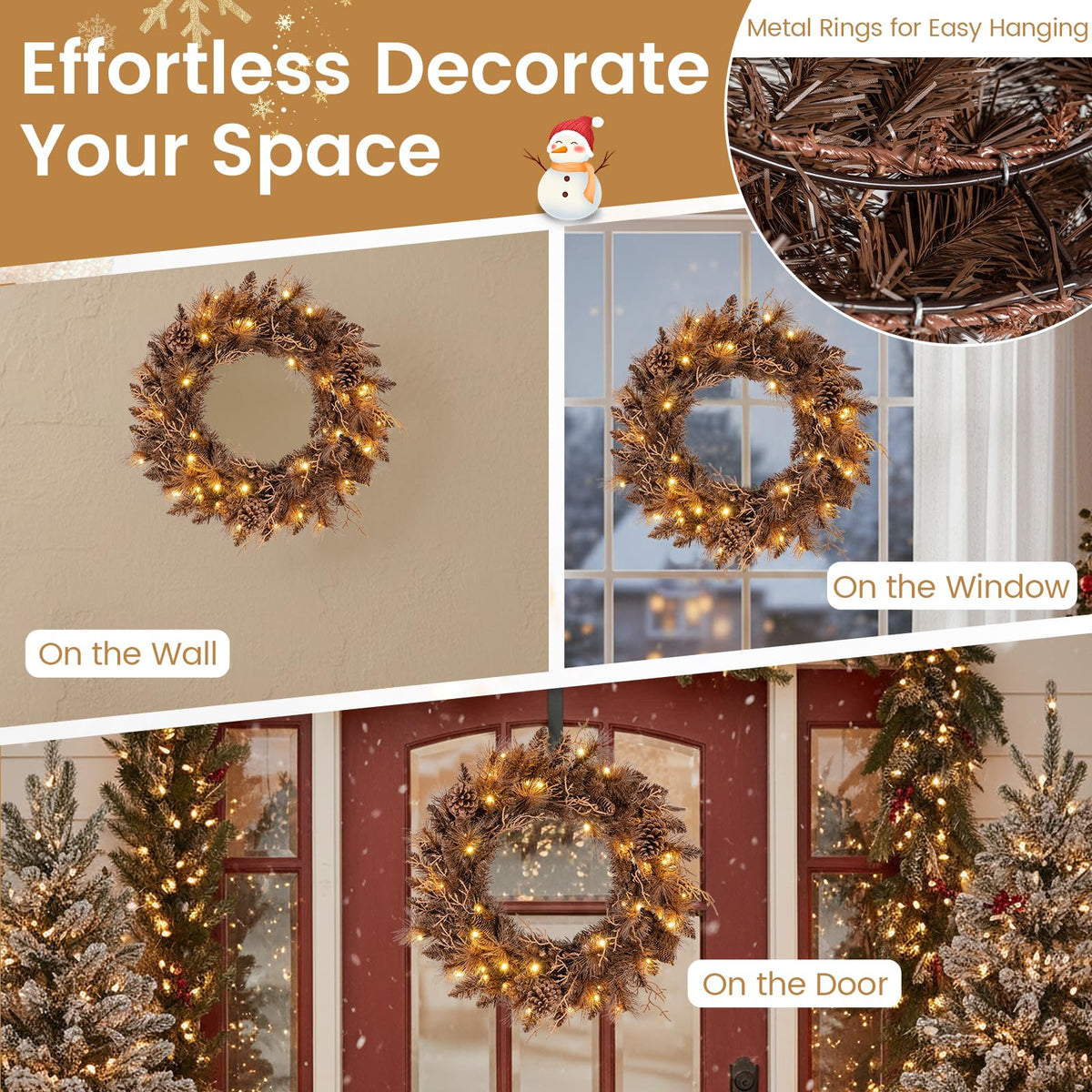 24 Inch Pre-lit Christmas Wreath with 105 Branch Tips and 35 Warm White LED Lights-1 piece
