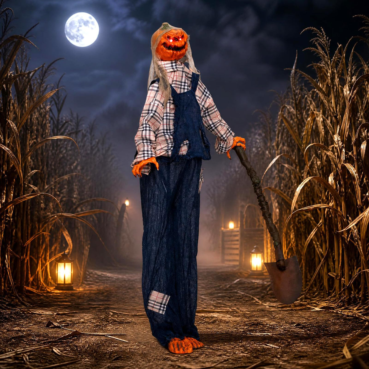 5.3 FT Animated Halloween Standing Pumpkin Scarecrow with Shovel