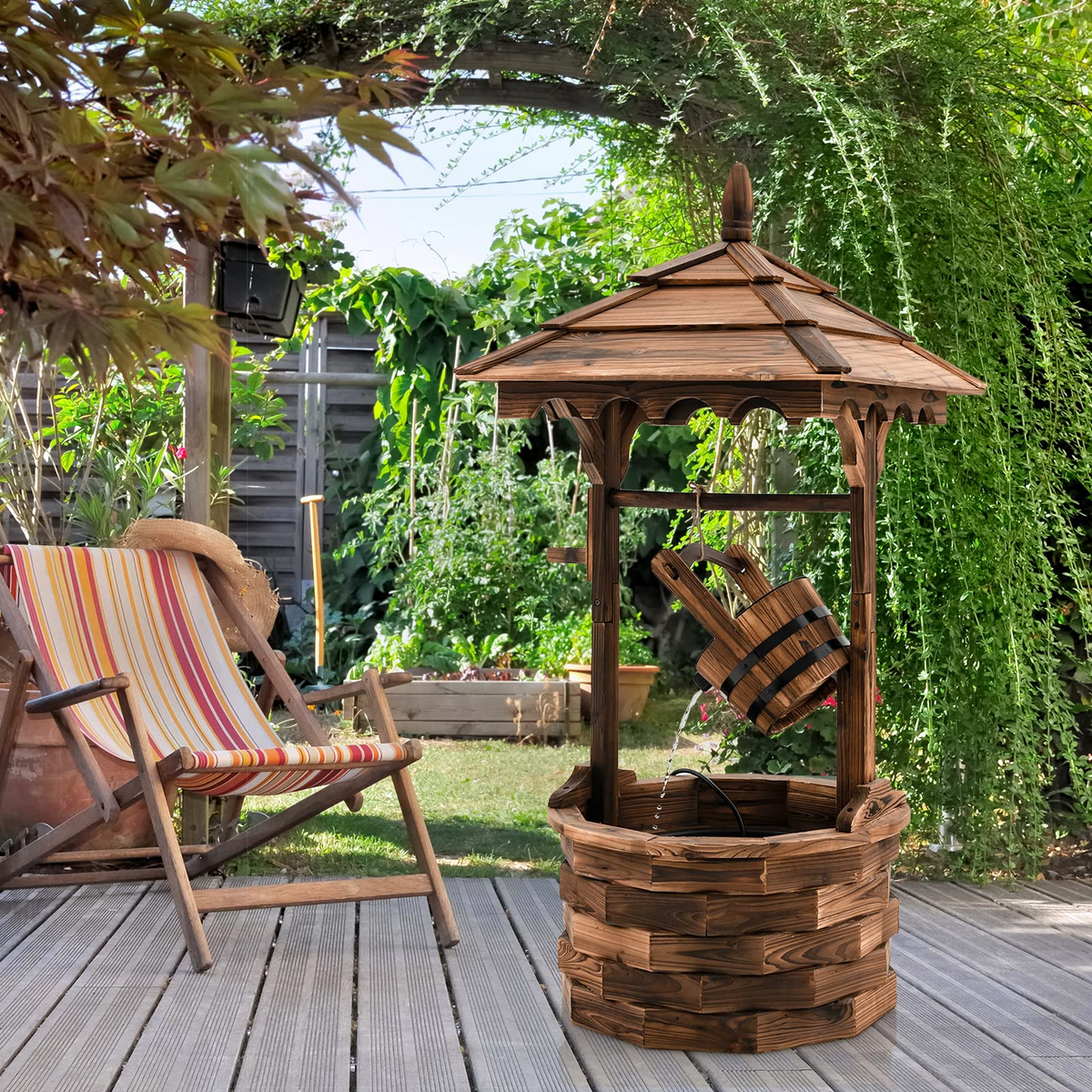 Lucktree Rustic Wishing Well Fountain, Outdoor Wooden Water Fountain with Electric Pump