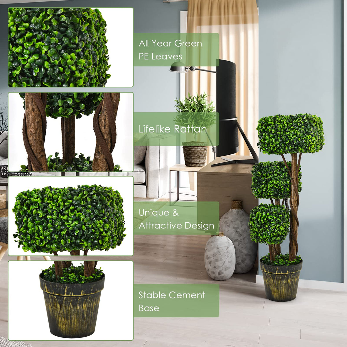 36' Artificial Triple Square Shaped Boxwood Topiary Tree W/ Cement-Filled Plastic Pot - LucktreeUS