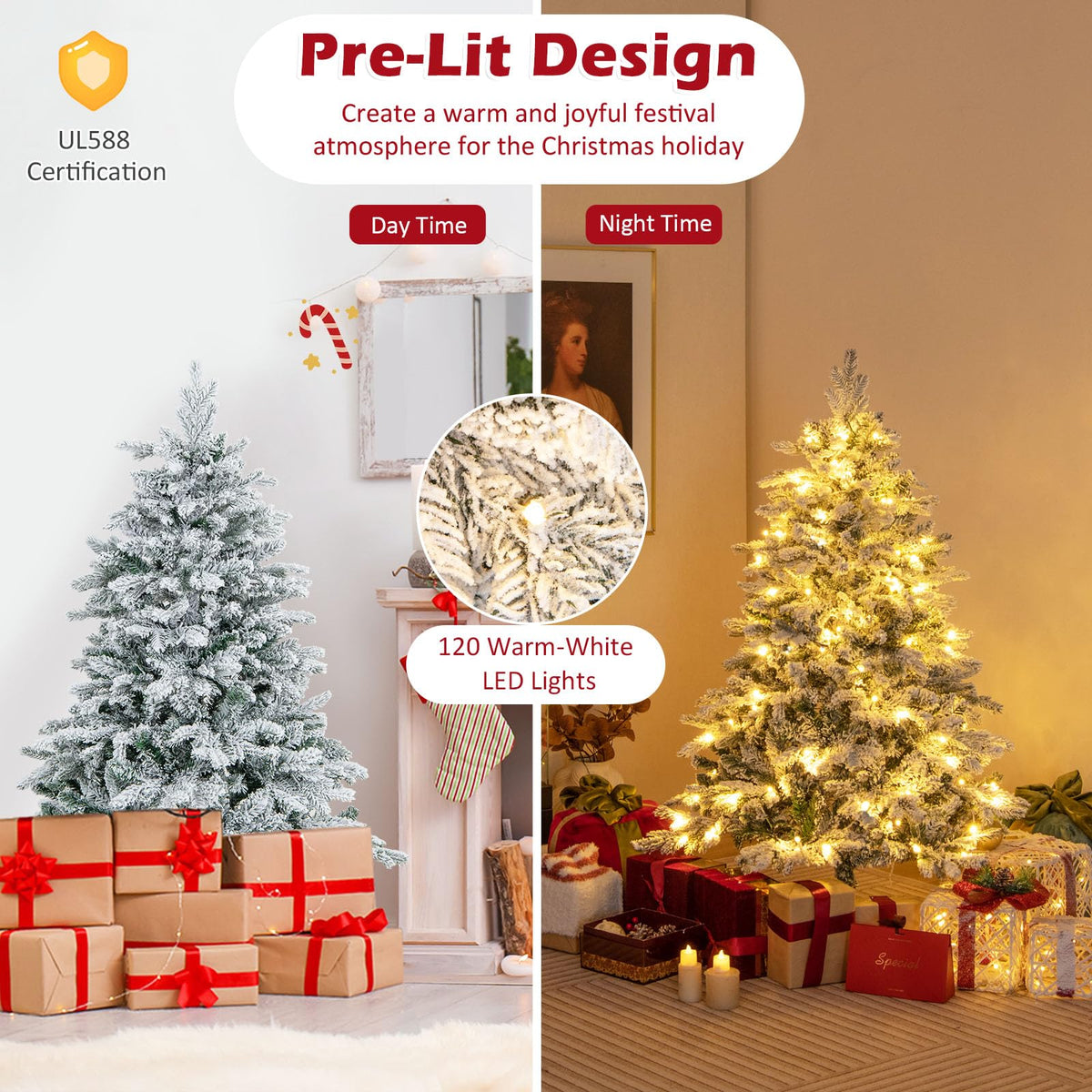 Lucktree Pre-Lit Snow Flocked Christmas Tree, Artificial Hinged Xmas Tree with Branch Tips, PE & PVC Mixed Leaves