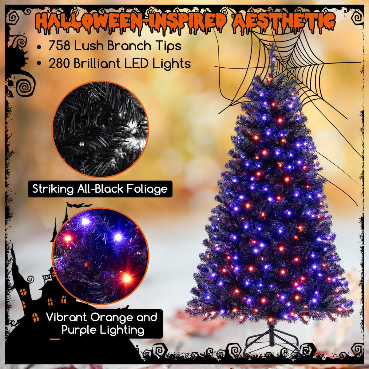 Lucktree 6/7/8 FT Pre-Lit Black Halloween Tree, Artificial Hinged Christmas Tree with 280/380/500 Orange & Purple LED Lights