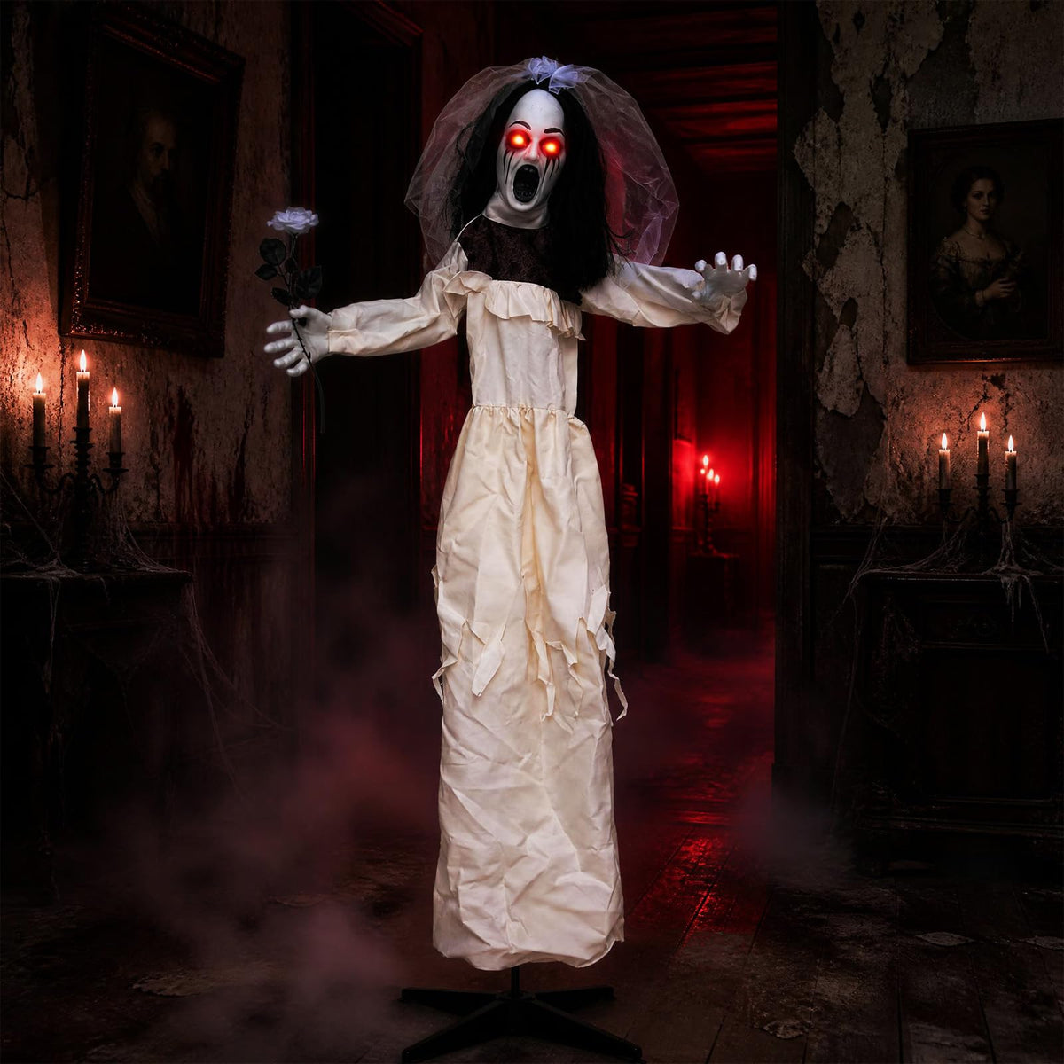 Lucktree 5.7 FT Halloween Standing Animatronics Ghost Bride with Flower