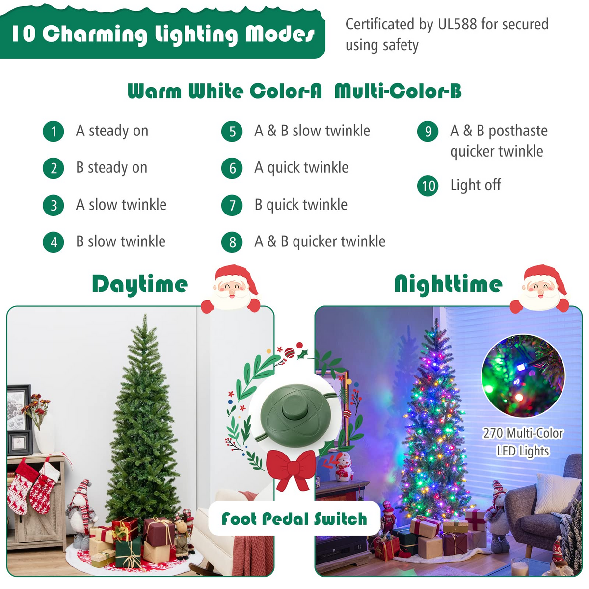 Lucktree 6ft / 7ft Pre-Lit Pencil Christmas Tree, Hinged Artificial Slim Tree with 648 PVC PE Branch Tips - LucktreeUS