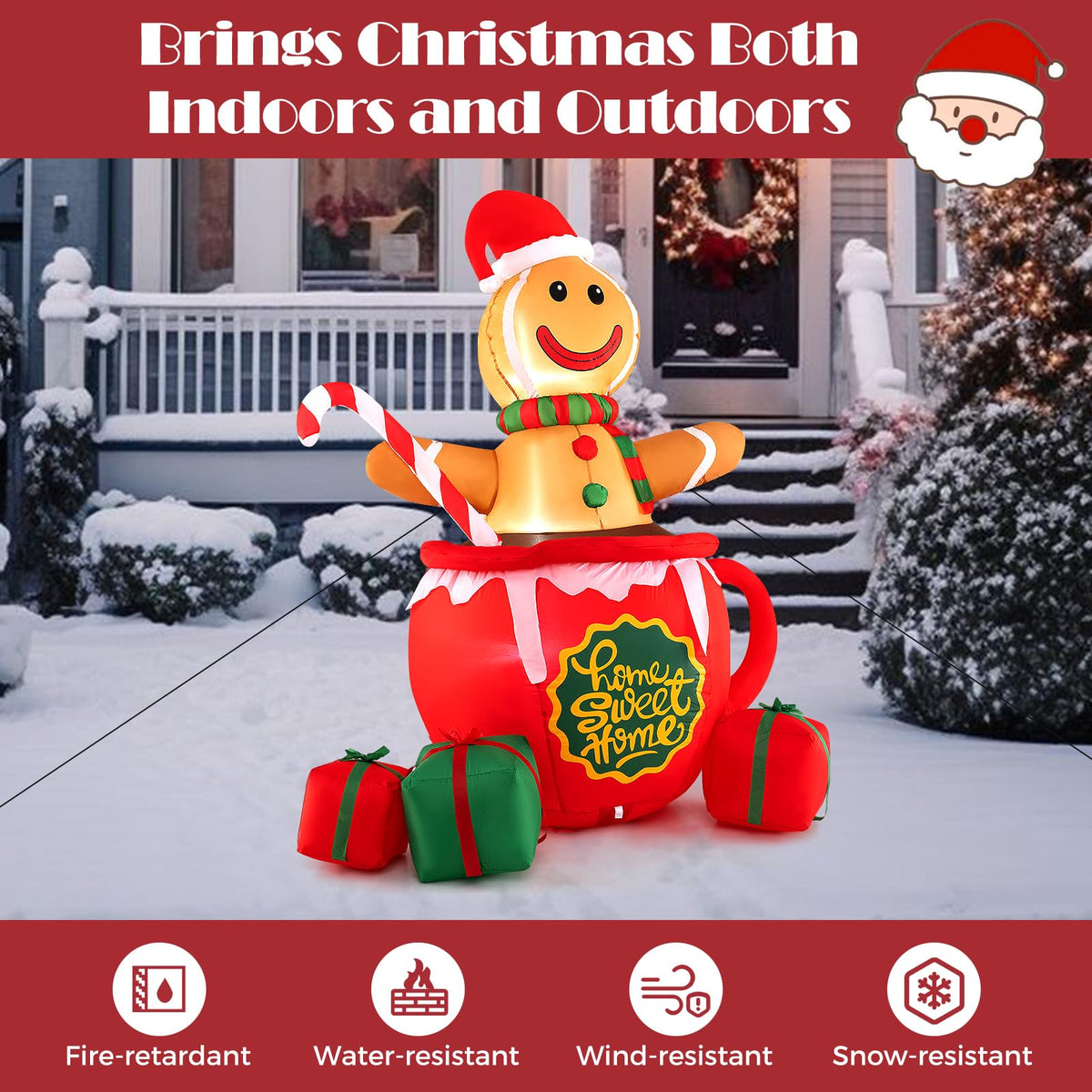 Lucktree 7 Ft Christmas Inflatable, Blow up Pre-Lit Gingerbread Man in Mug with Gift Boxes & Candy Cane