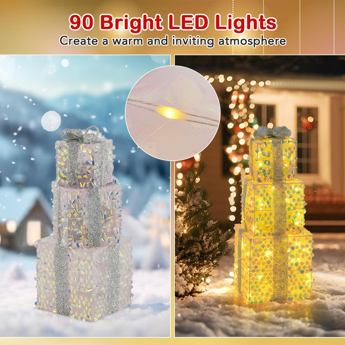 Lucktree 3 Pieces Christmas Lighted Gift Boxes ( Laser Fish Scale )