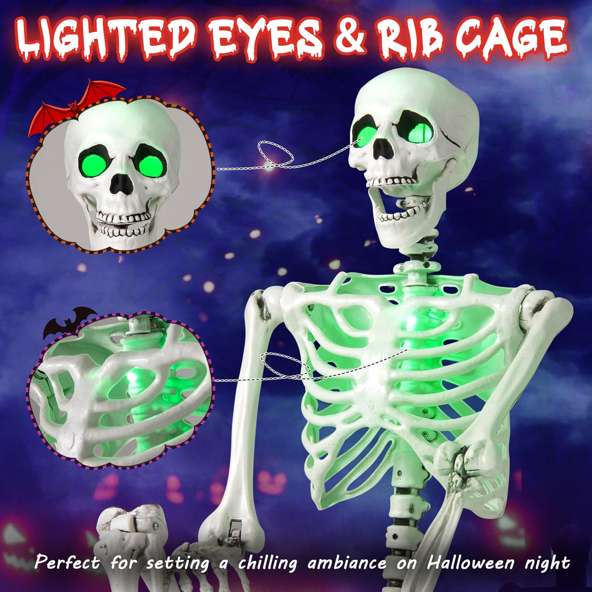 Lucktree 63" Life-Size Posable Skeleton with Green LED Lights Halloween Lighted Skeleton Decoration