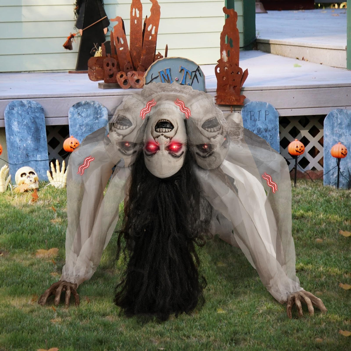 Lucktree Halloween Animated Crawling Woman with LED Eyes, Animatronic Zombie Woman Crawler with Vocally Triggered Sound & Motion Effects