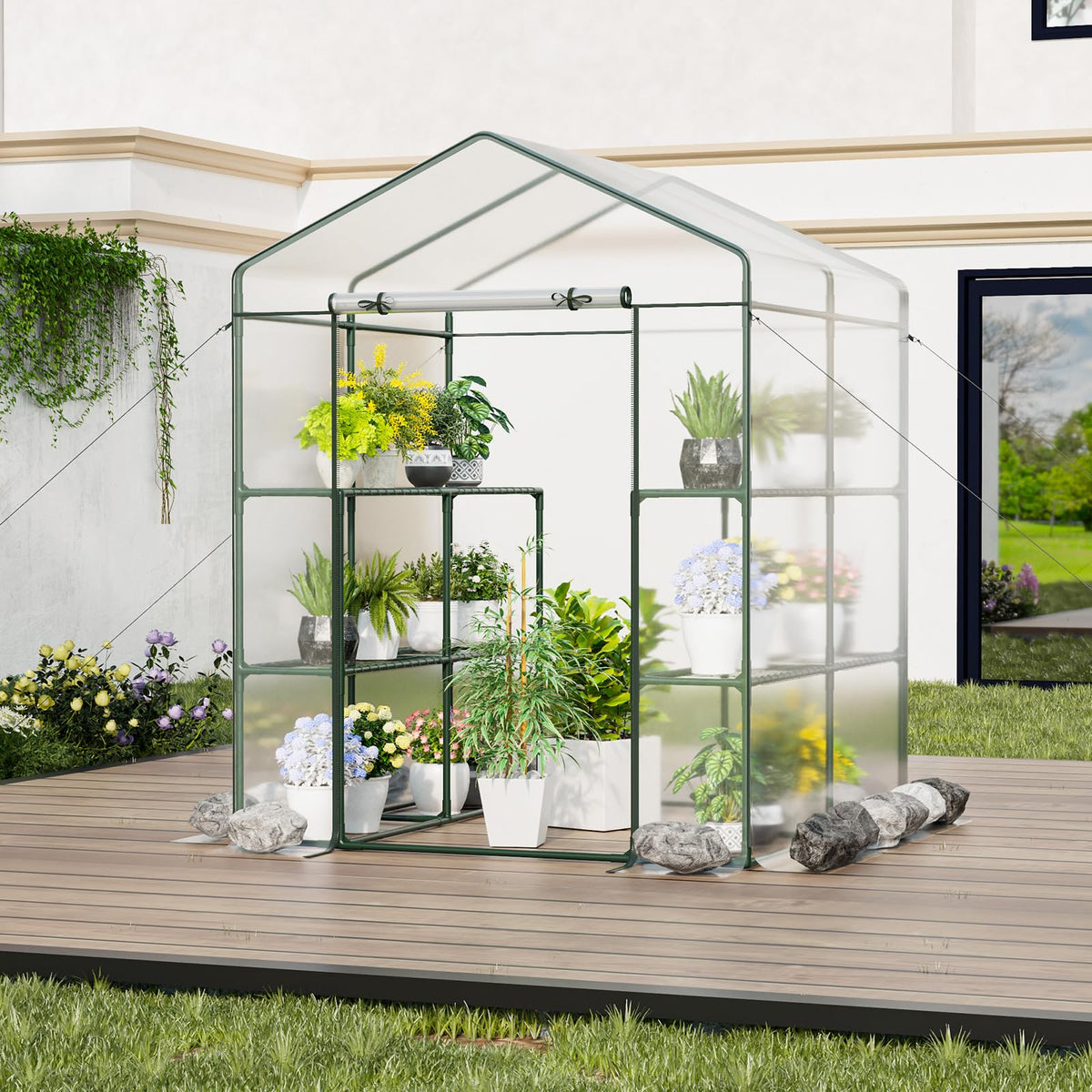 Lucktree Walk-in Greenhouse w/ 3 Tiers 4 Shelves, 4 Ground Stakes & Ropes, PVC Cover