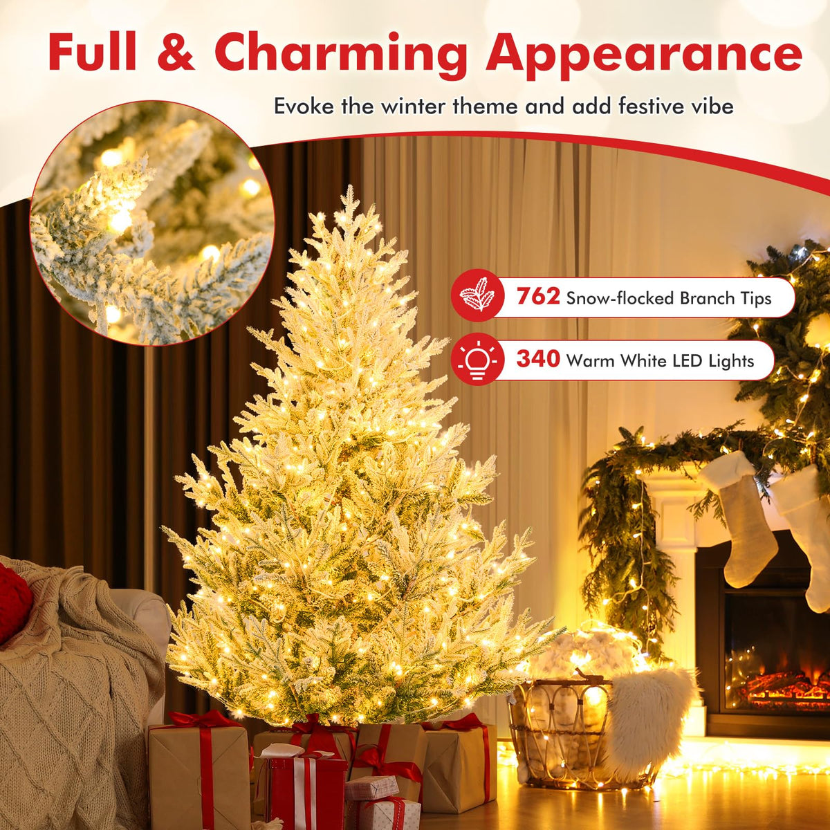 Lucktree 6FT / 7FT / 8FT Pre-Lit Snow Flocked Christmas Tree | Holiday Home Office Decoration