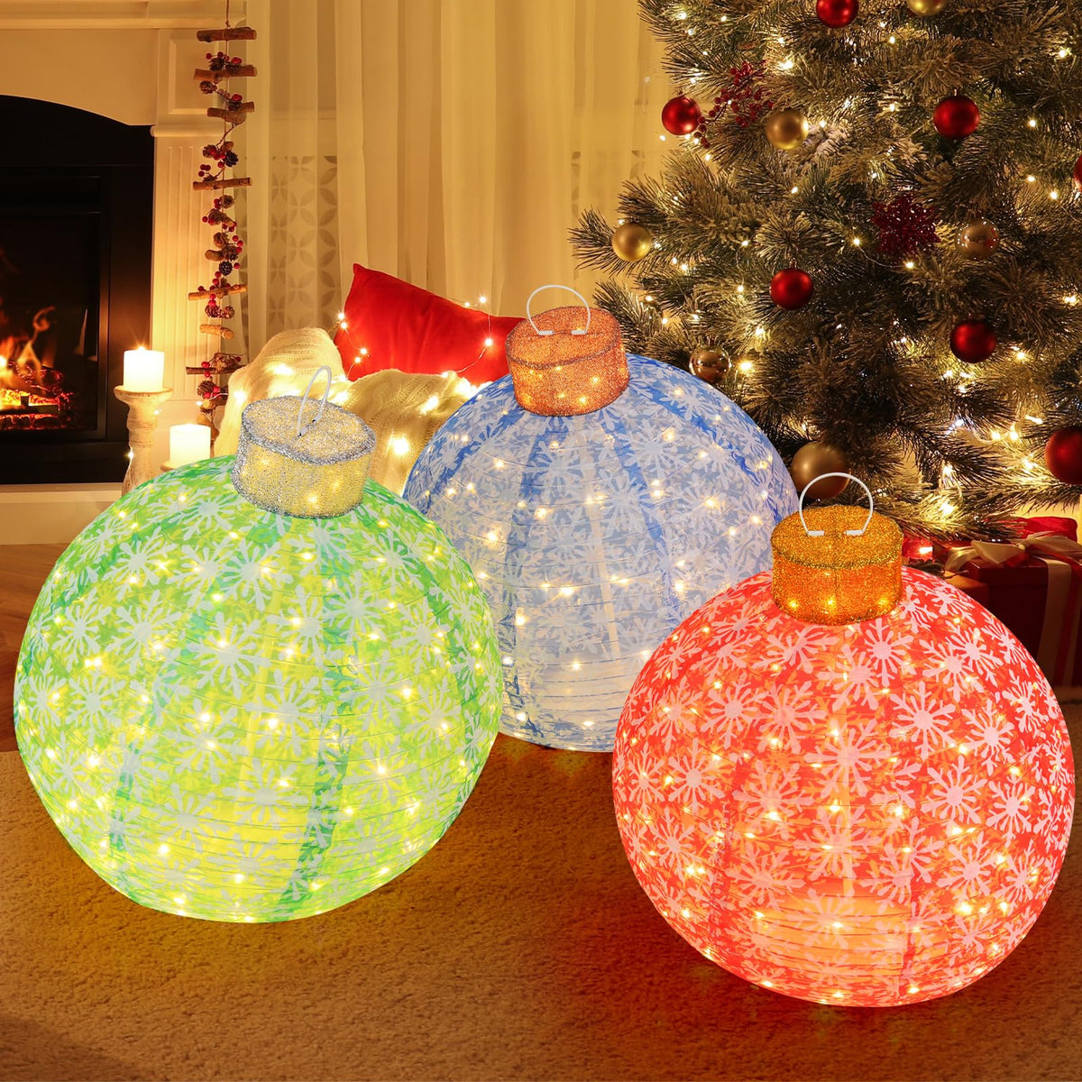Lucktree Christmas Lighted Pop up Ornaments Set of 3, Outdoor Xmas Lighted Hanging Lanterns with Warm White LED Lights