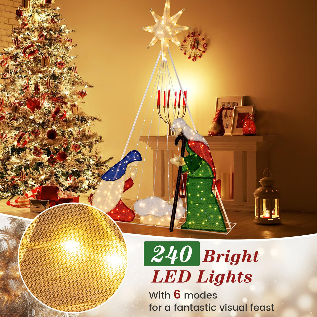 Lucktree 6 FT Lighted Nativity Scene, Holy Family Set Christmas Decoration with 240 LED Lights