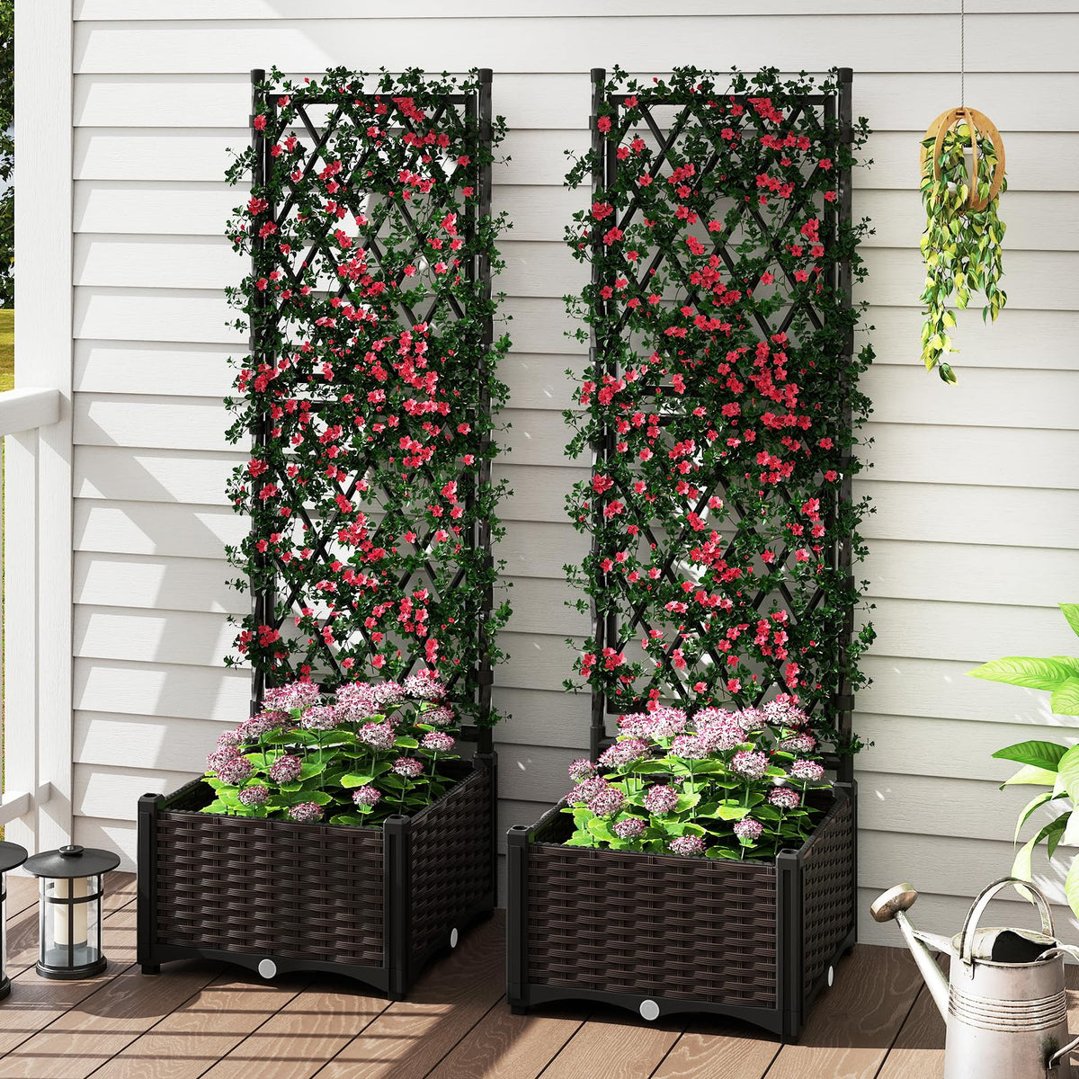 Lucktree Raised Garden Bed with Lattice Trellis Self-Watering Planter Box（32"LX16"WX50"H）