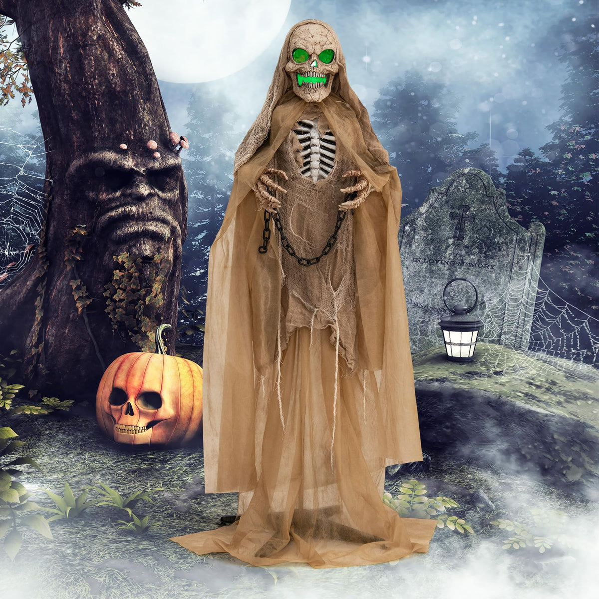 Lucktree 5.6 FT Halloween Standing Animated Skeleton with Chain, Animatronic Skull Grim Reaper with LED lights