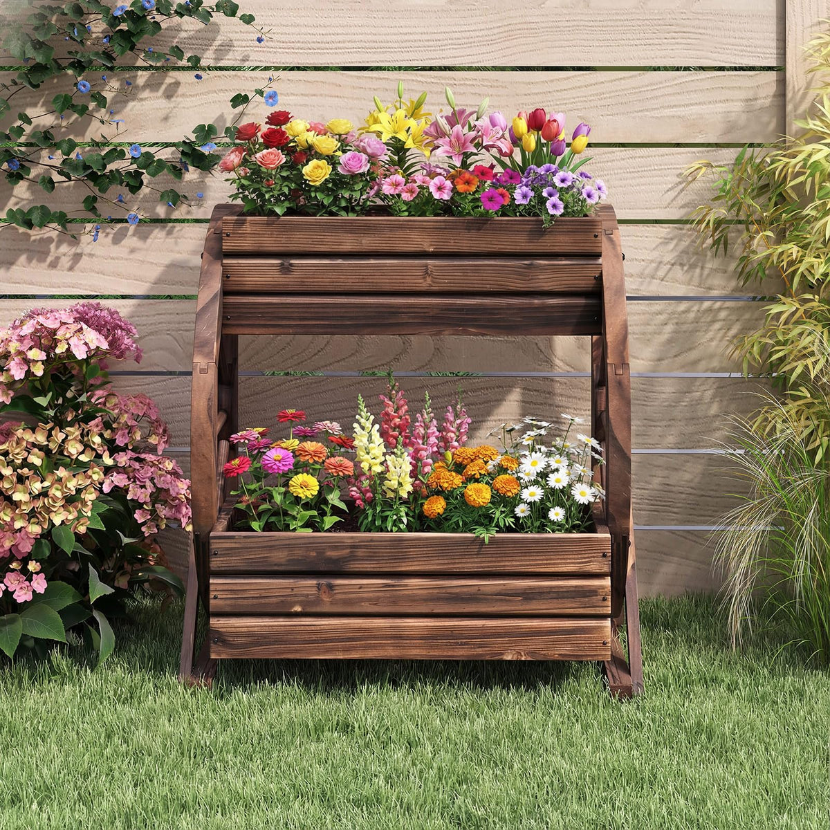 Lucktree Wooden Wagon Planter Box for Patio Garden Balcony