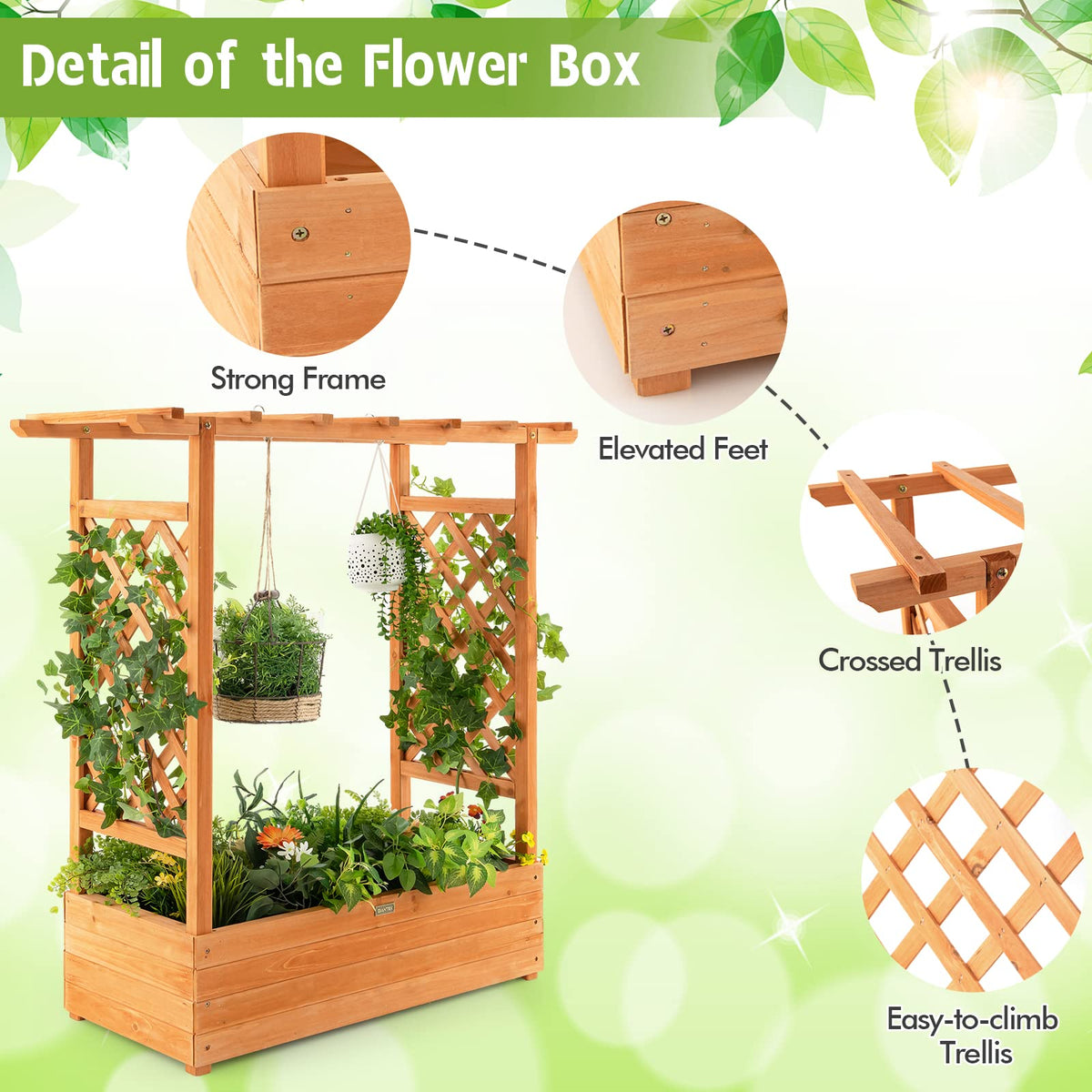 Lucktree Raised Garden Bed with Trellis, Wood Planter Box with Roof & Side Trellis, Drain Holes