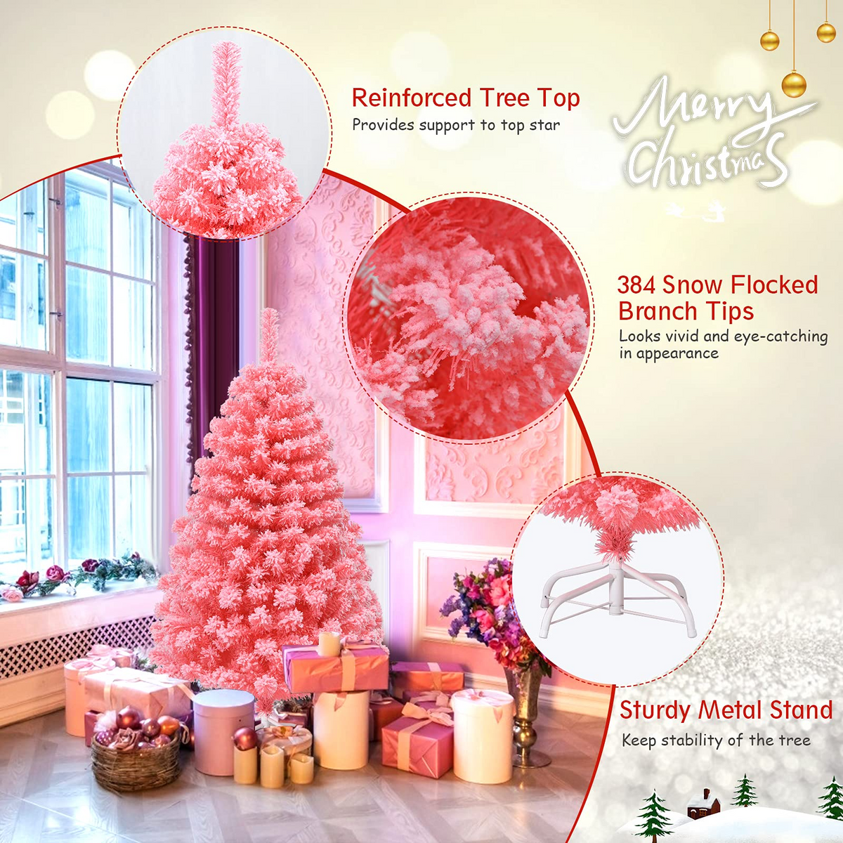 Lucktree 4.5ft Pink Artificial Christmas Tree, Unlit Hinged Snow Flocked Xmas Tree w/ 348 PVC Branch Tips & Metal Stand - LucktreeUS