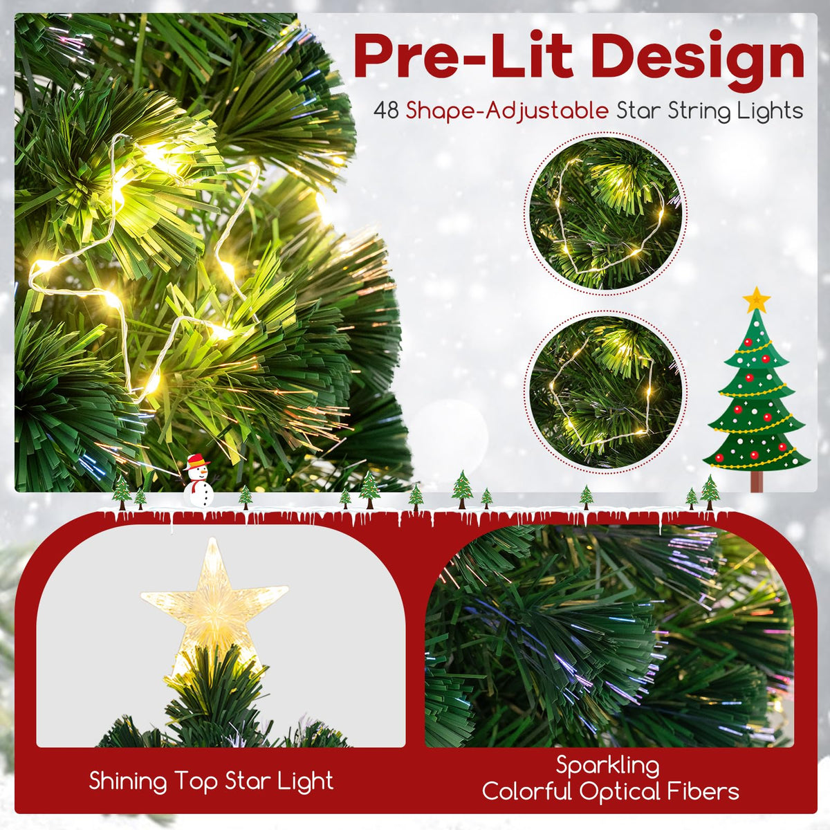 Lucktree 7ft Pre-Lit Fiber Optic Christmas Tree, Artificial Lighted Xmas Tree with 48 Warm-White Shape-Adjustable Star String Lights