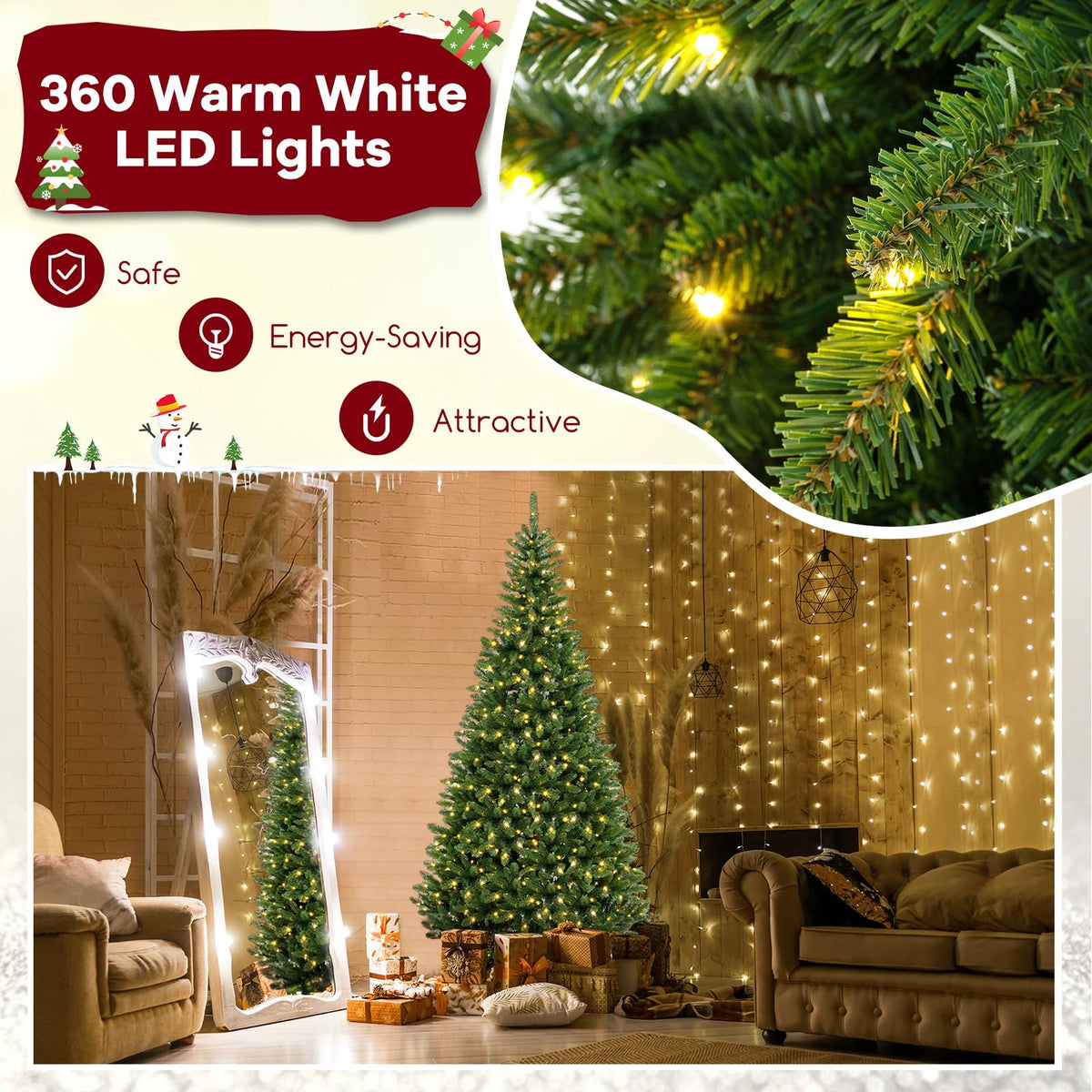 Lucktree 8 FT 270° Pre-Lit Corner Christmas Tree for Wall, Artificial Hinged Xmas Tree with 360 Warm White LED Lights