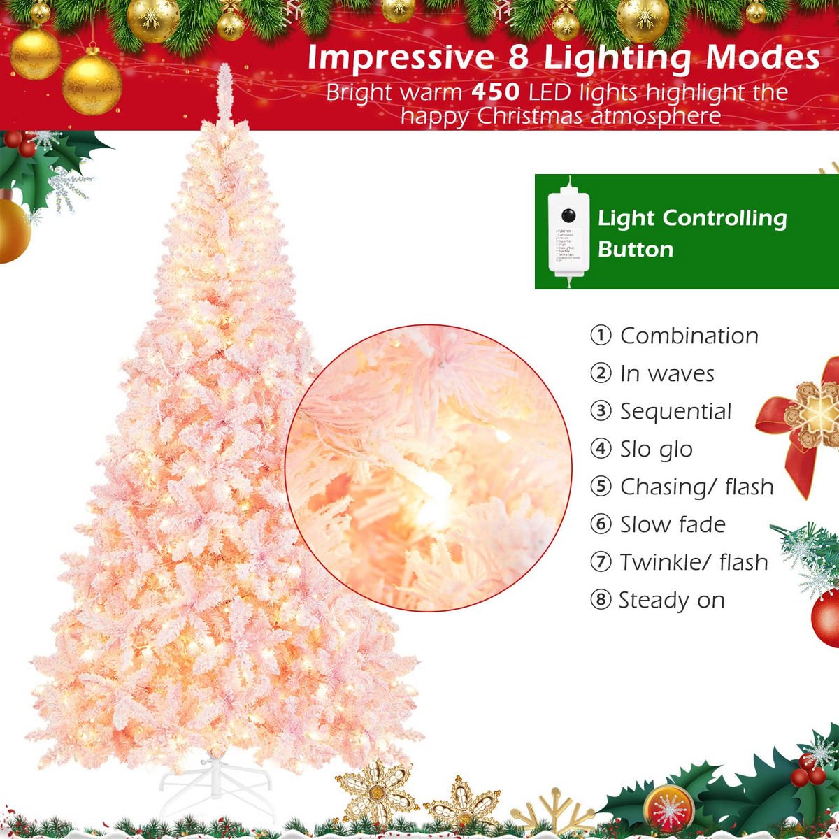 Lucktree 7.5ft Pink Pre-Lit Christmas Tree, Hinged Artificial Snow Flocked Xmas Tree with 1100 PVC Branch Tips, 450 LED Lights - LucktreeUS