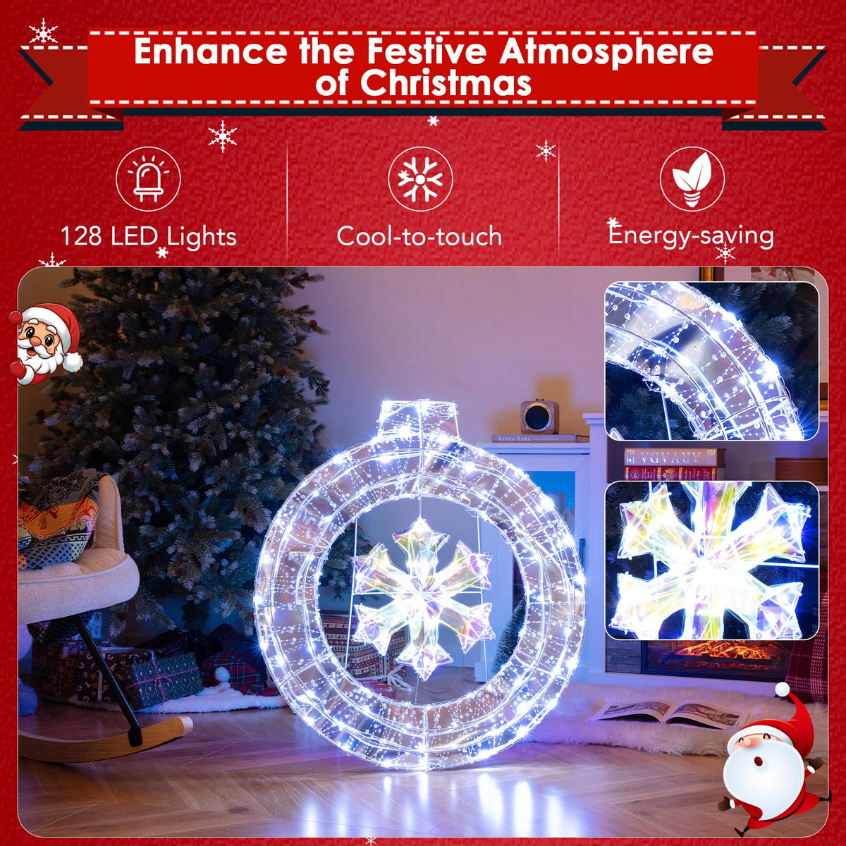 Lucktree 33” Lighted Ornament with Snowflake, Pre-Lit Christmas Wreath with 128 Cold White LED Lights