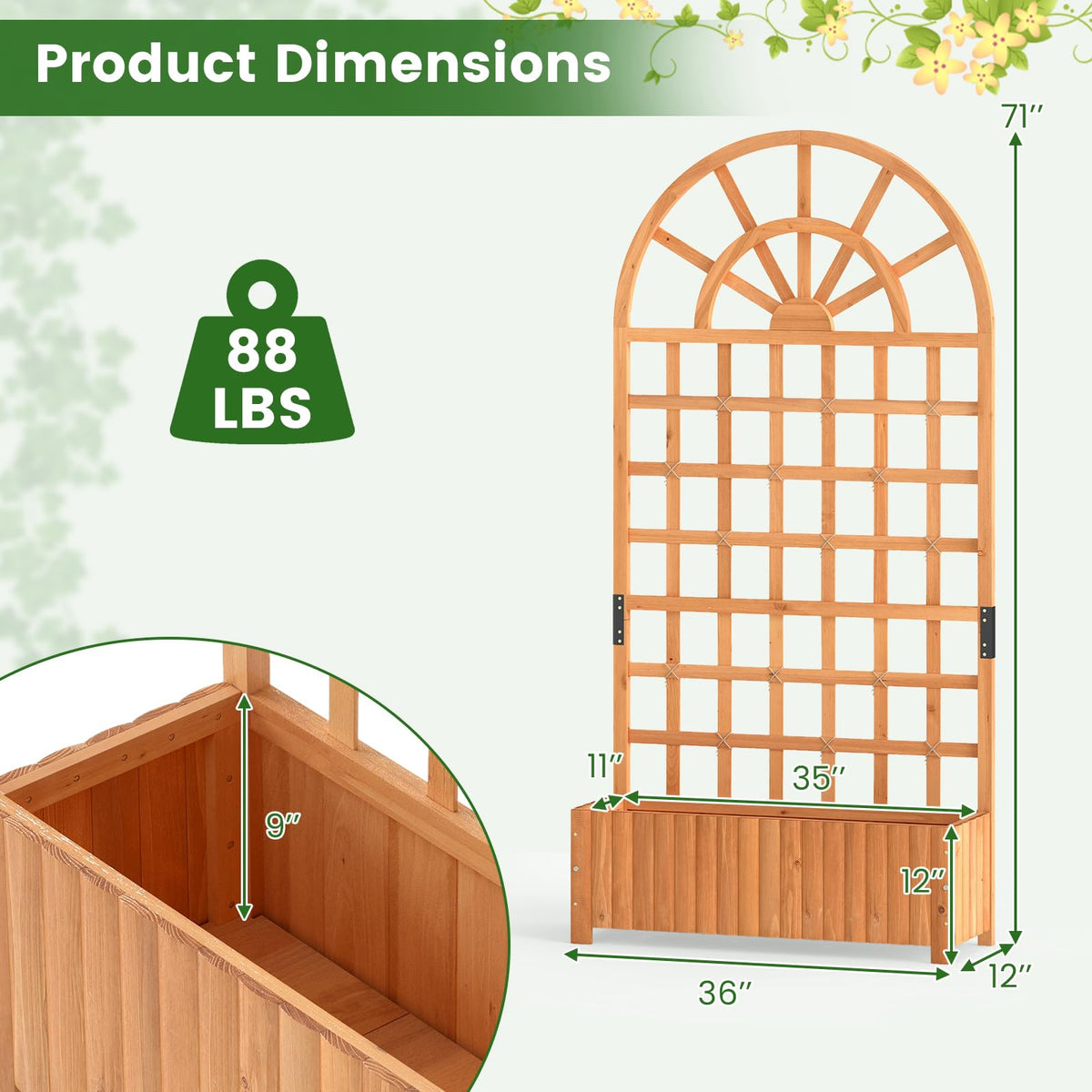 Lucktree Wooden Raised Garden Bed with Trellis 71" Outdoor Planter Box Privacy Screen