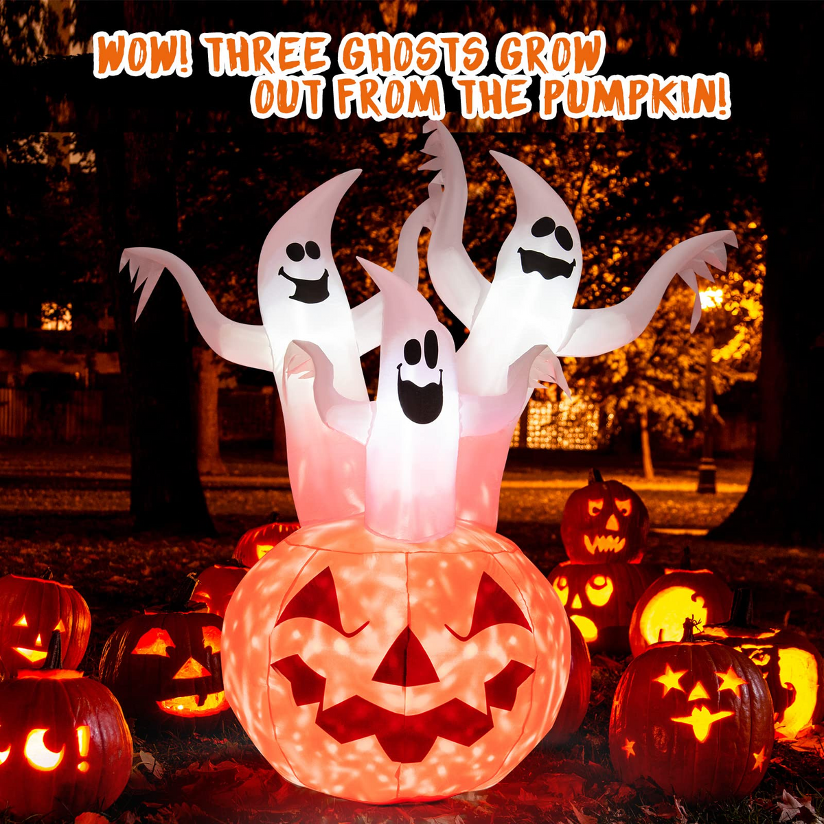 Lucktree 6 FT Inflatable Halloween 3 White Ghosts with Pumpkin, Blow-up Yard Decoration with Built-in LED Lights & Rotating Lamp