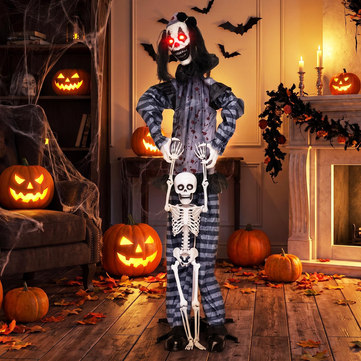 Lucktree 70" Halloween Animated Life-Size Clown Catching Skeleton Doll
