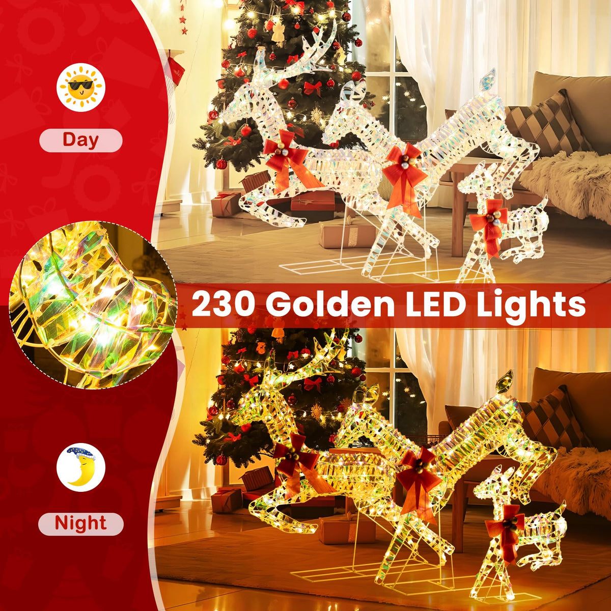 Lucktree Christmas Lighted Reindeer, Set of 3 Reindeer Decorations with LED Lights and Red Bows
