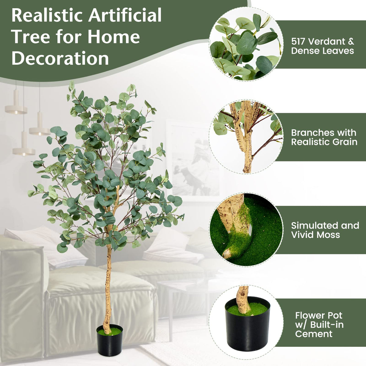 Lucktree 5.5ft Artificial Eucalyptus Tree, Tall Faux Eucalyptus Stems Fake Plants in Pot with 517 Silver Dollar Leaves