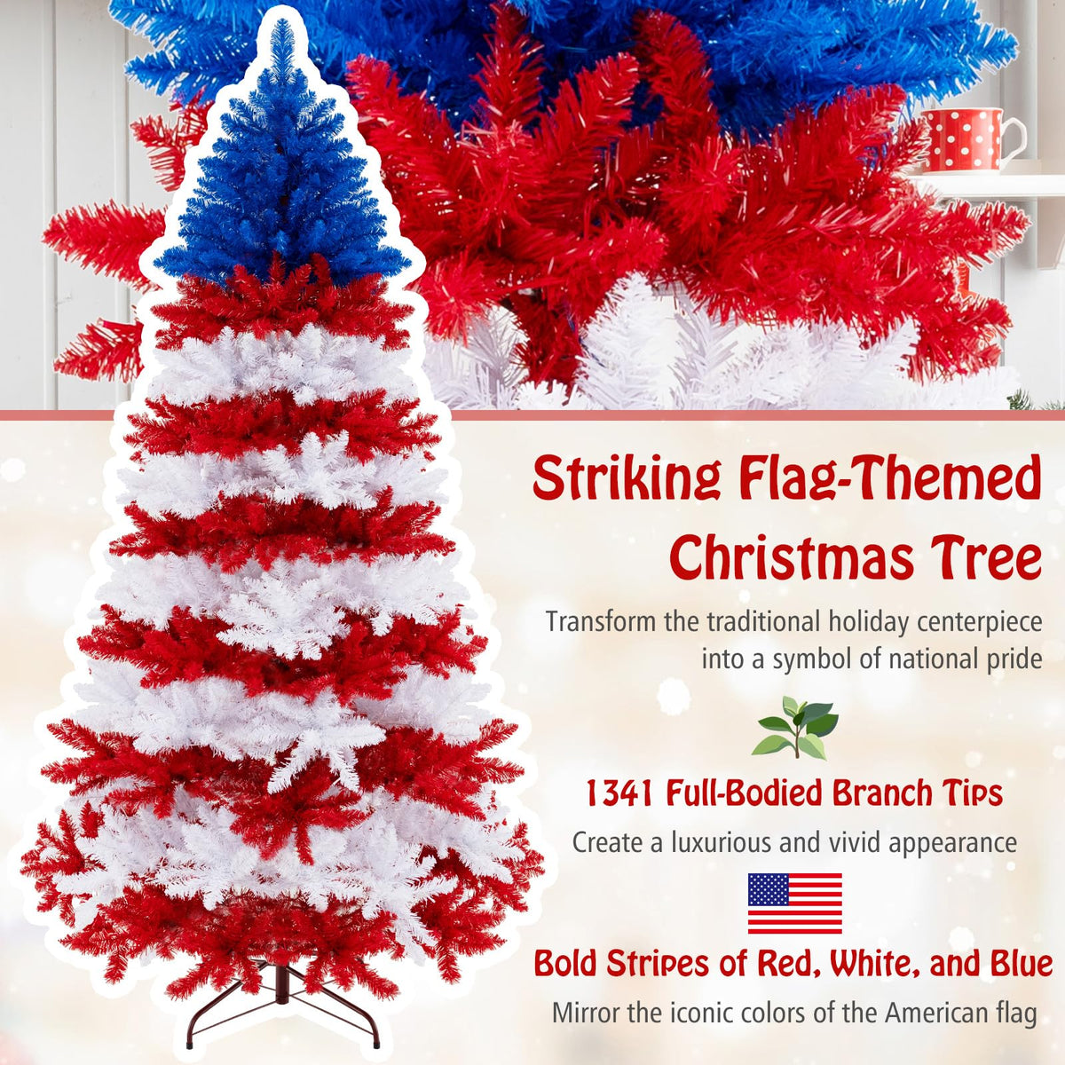 Lucktree 7.5 FT Pre-Lit Patriotic Artificial Christmas Tree, Flag-Themed Hinged Xmas Tree with 480 Warm White LED Lights
