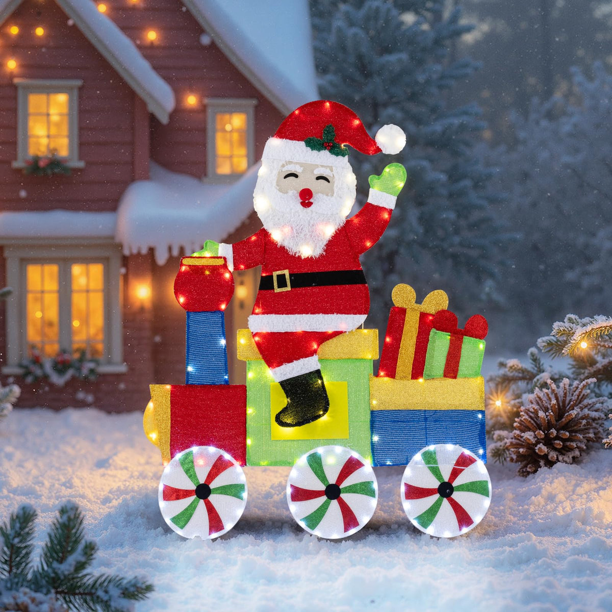 Lucktree Lighted Santa on Train Christmas Decoration with LED Lights