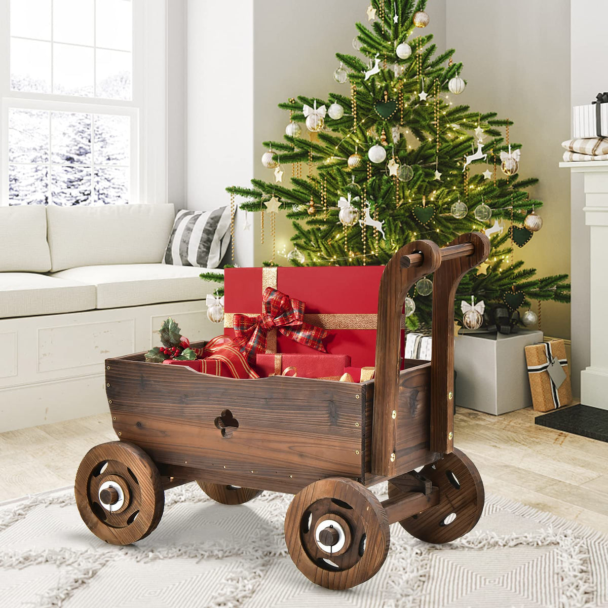 Lucktree Wooden Wagon Planter Raised Bed on Wheels, Handle, Drainage Hole