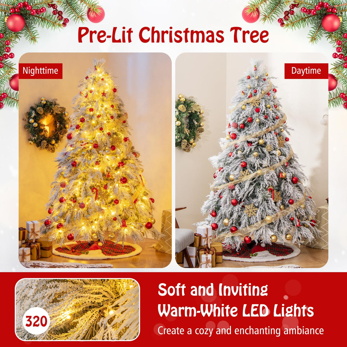 Lucktree 7ft Pre-Lit Snow Flocked Christmas Tree, Artificial Hinged Full Xmas Tree with 743 PVC & Pine Needles