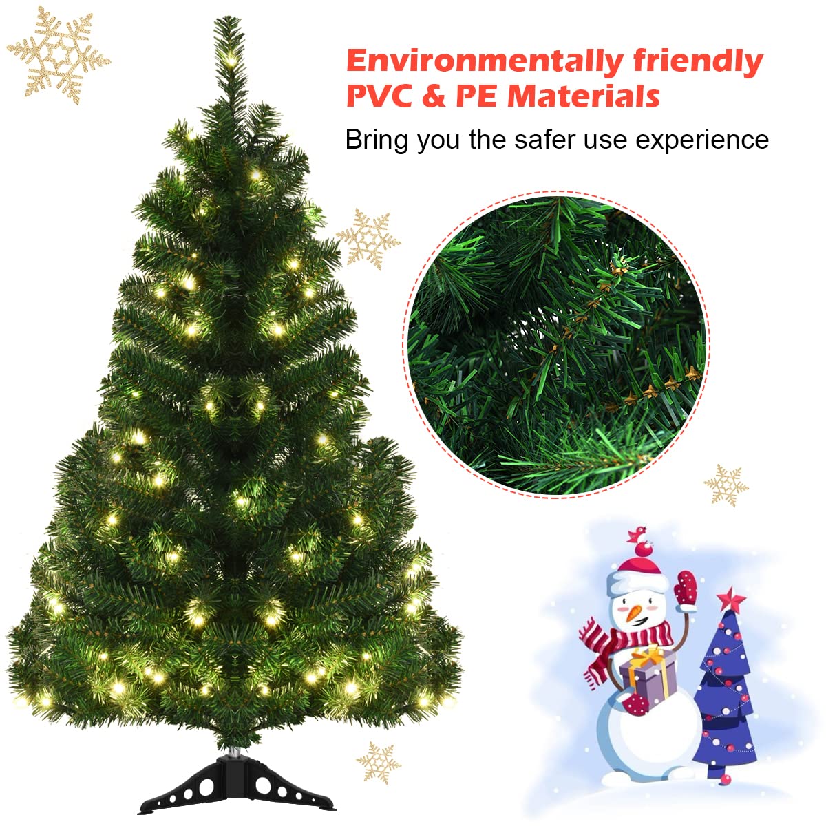 4ft Pre-Lit Christmas Tree, Artificial PVC Xmas Tree with 100 Warm White LED Lights and Stable Triangular Stand - LucktreeUS