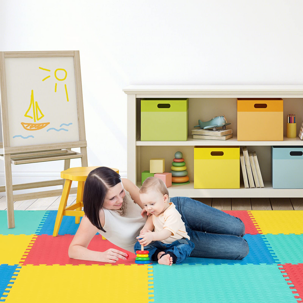 Lucktree 12 Tiles Exercise Flooring Mats with Border, Non-Slip EVA Foam Protective Mats