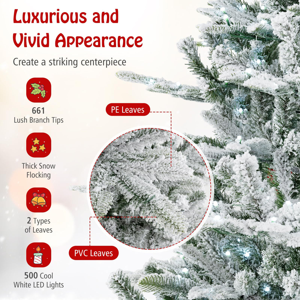 Lucktree 6/7/8 ft Pre-Lit Snow Flocked Christmas Tree, Artificial Hinged Xmas Tree with 661/1119/1447 PVC & PE Tips