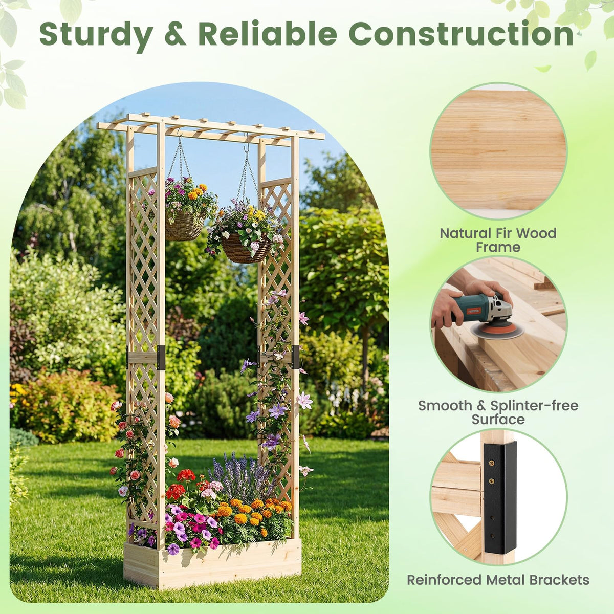Lucktree Wooden Raised Garden Bed with Trellis & Hanging Roof