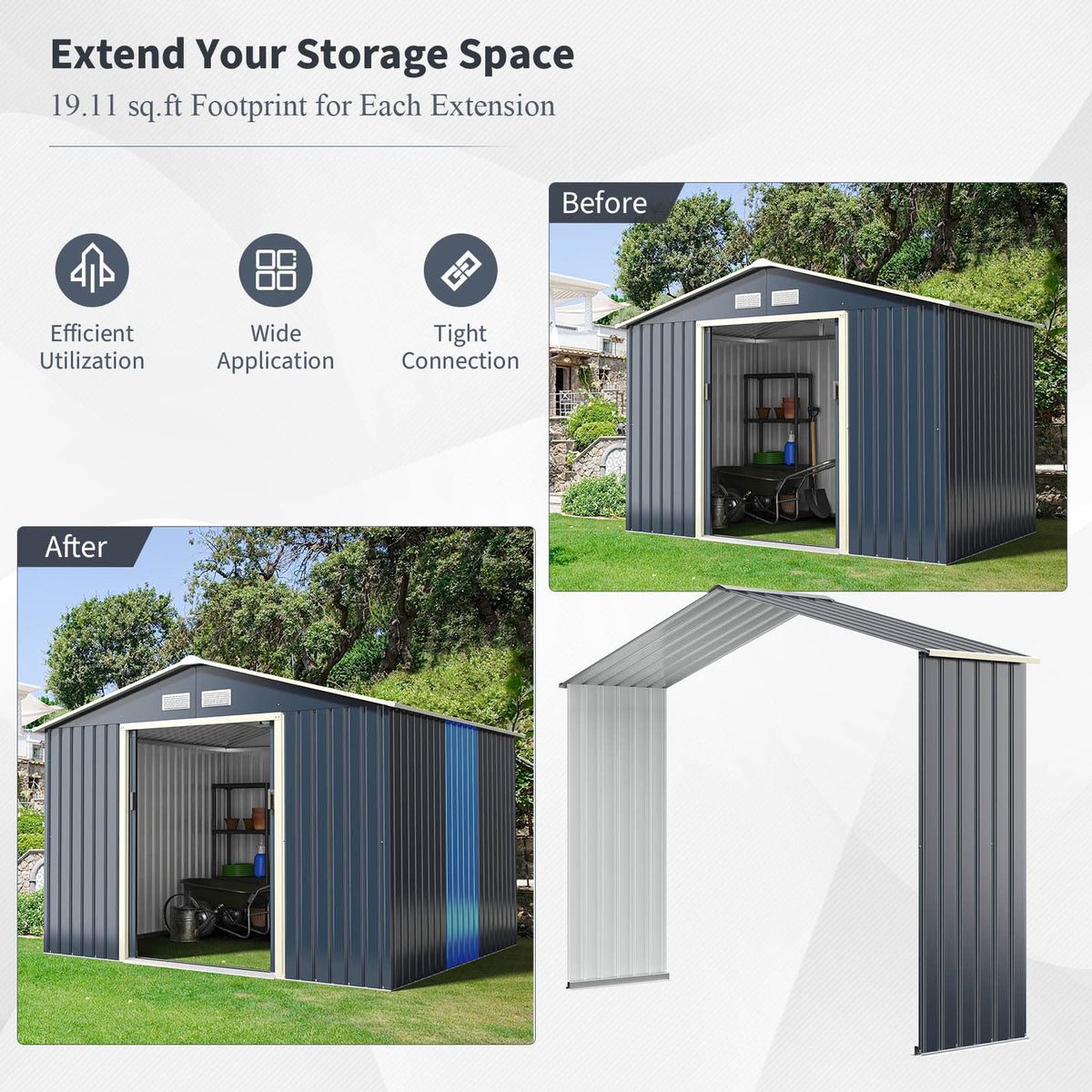 Storage Shed Extension Kit for 9 ft Sheds (9'X2.1')