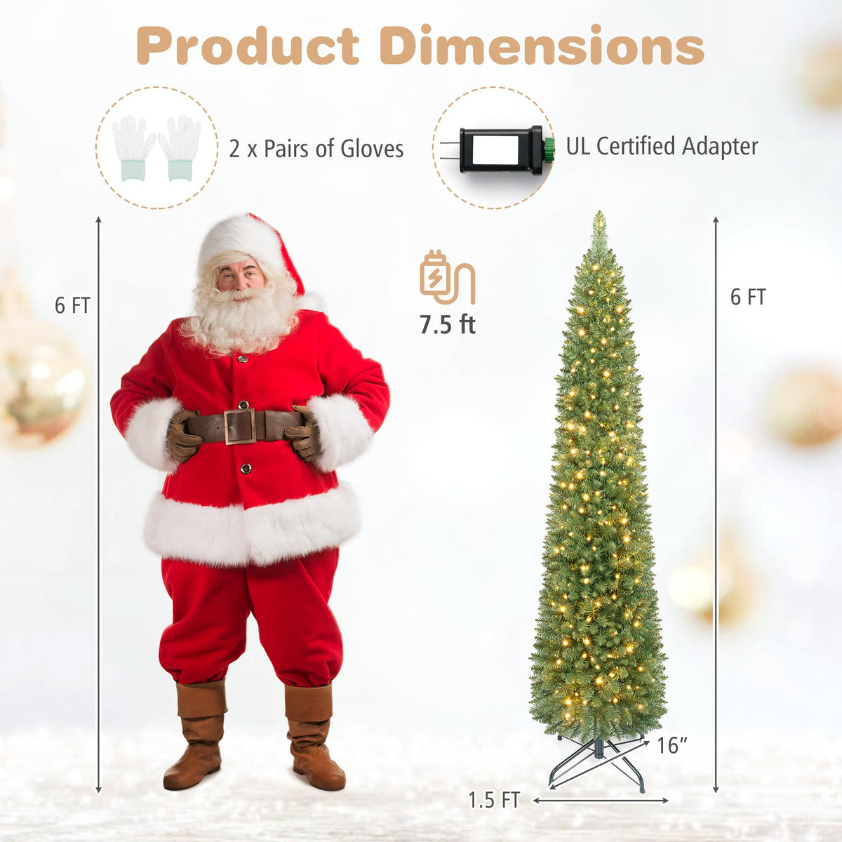 5ft/6ft/7ft/8ft/9ft/ Pre-Lit Pencil Christmas Tree, Slim Artificial Xmas Tree