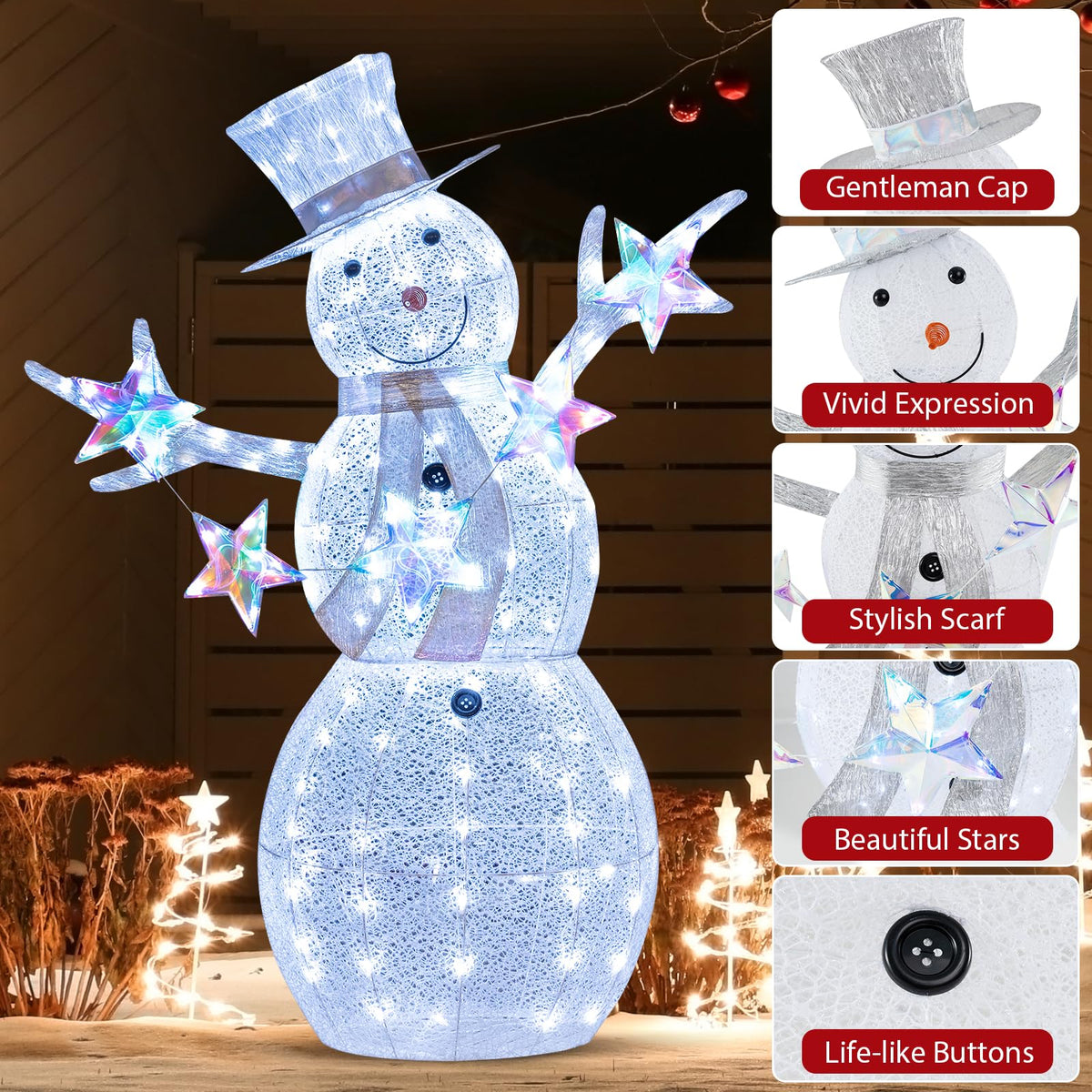 Lucktree 5 FT Lighted Snowman Christmas Outdoor Decoration with Hat, Scarf & Stars