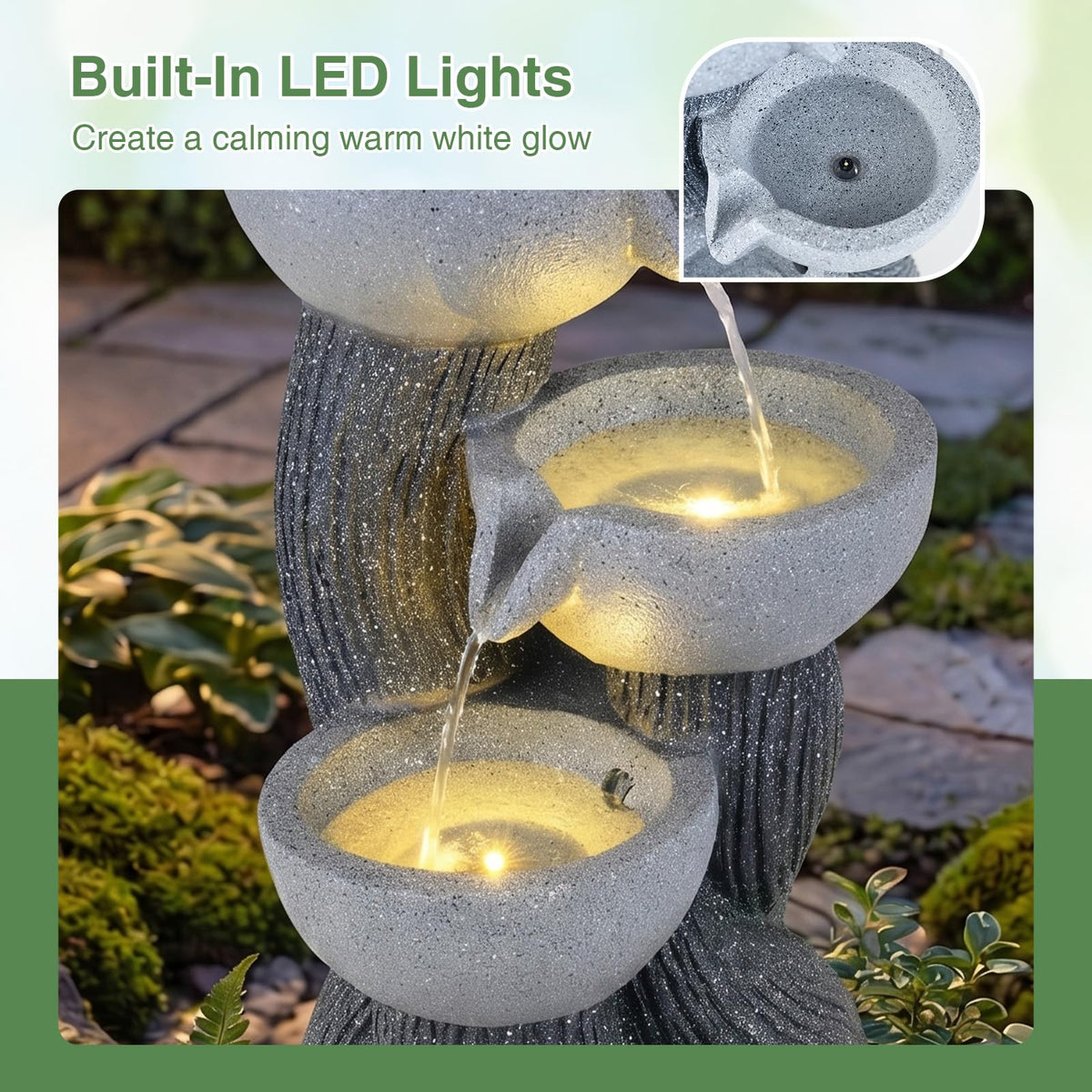 Lucktree 3-Tier Outdoor Water Fountain with Lights