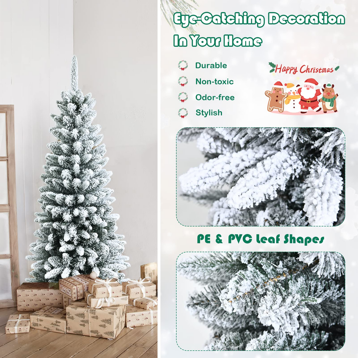 Lucktree Snow Flocked Pencil Christmas Tree, Hinged Artificial Slim Xmas Tree - LucktreeUS