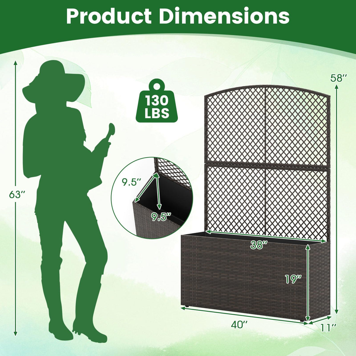 Lucktree Raised Garden Bed with Trellis | 58'' Tall PE Rattan Planter Box w/Liner & Drainage