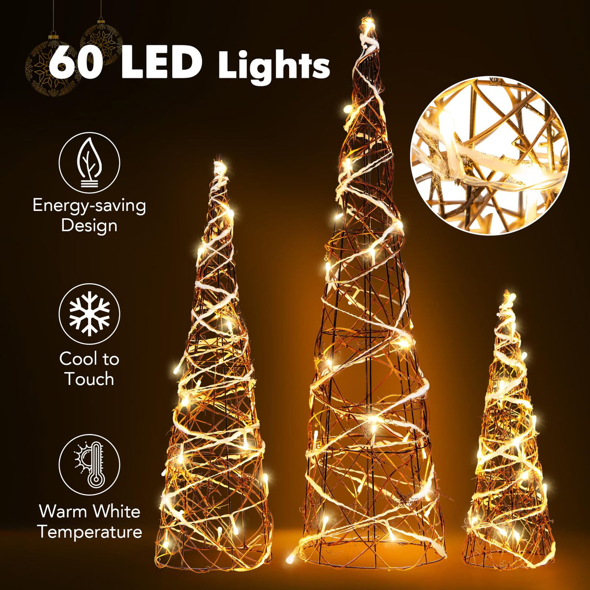 Lucktree Set of 3 Large Christmas Cone Trees, 32” 24” 16” Indoor Christmas Trees w/Warm White LED Lights