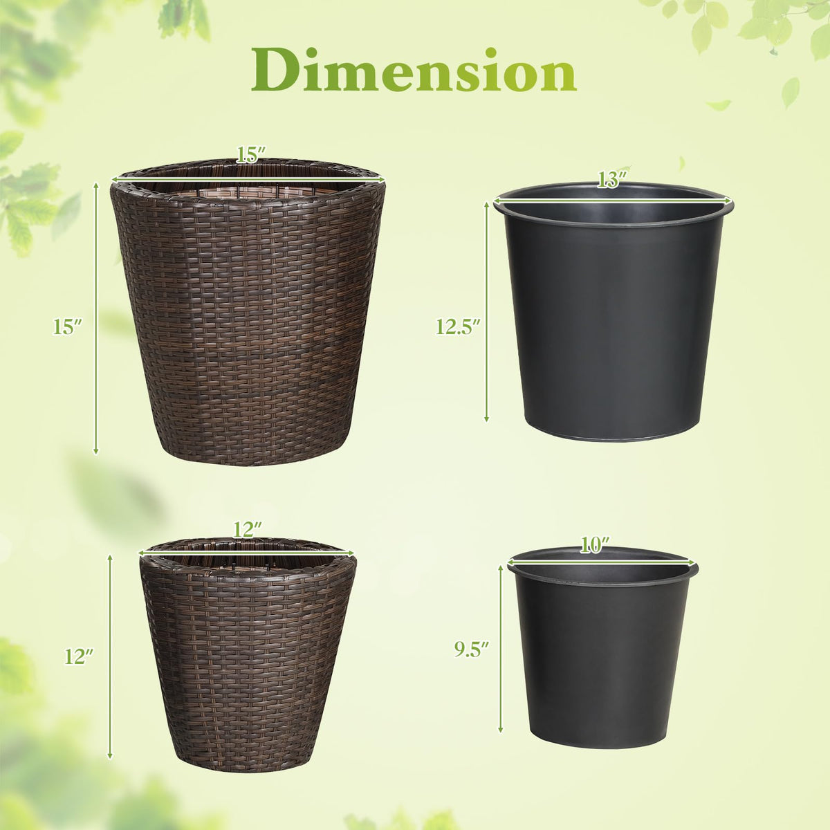 Lucktree Set of 2 Plastic Planters | 15 Inch & 11.5 Inch Taper Rattan Planters with Drainage Holes